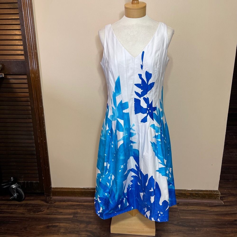 Kim Rogers Womens Blue White‎ Floral V-Neck Pleated Fit & Flare Cotton Dress 10